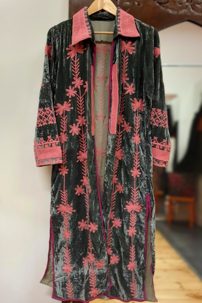 Shop Silk Velvet Embroidered Duster Coat - Origen Imports