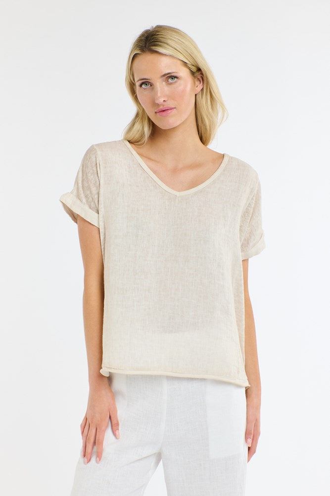 Calypso V Neck Short Sleeve Linen Top - Beige