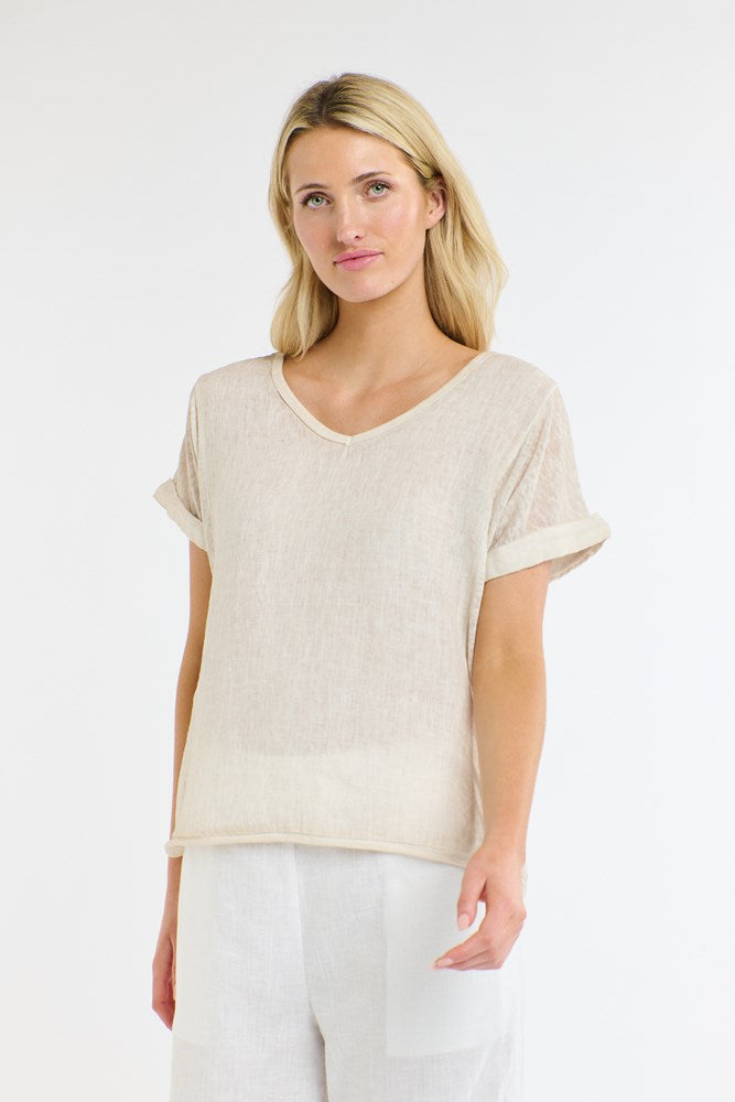 Calypso V Neck Short Sleeve Linen Top - Beige