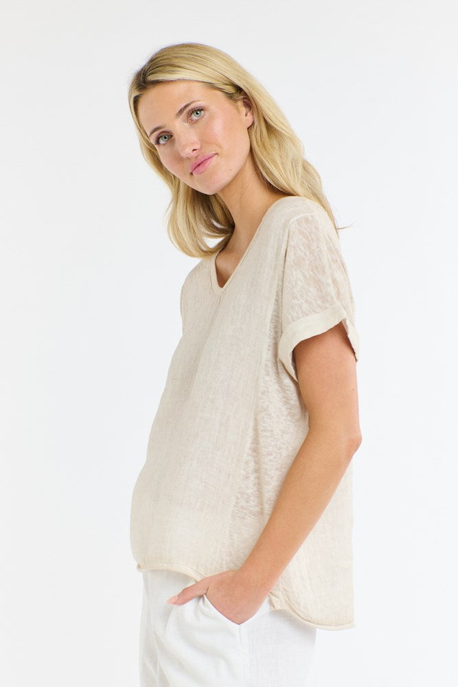 Calypso V Neck Short Sleeve Linen Top - Beige