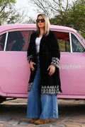 Embroidered Velvet  Long Coat - Black