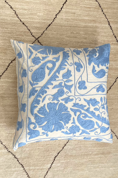 Blue Embroidered Floral Square Cushion (50 x 50 cm) By Origen Imports