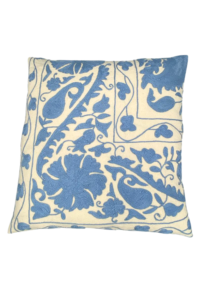 Blue Embroidered Floral Square Cushion (50 x 50 cm) By Origen Imports