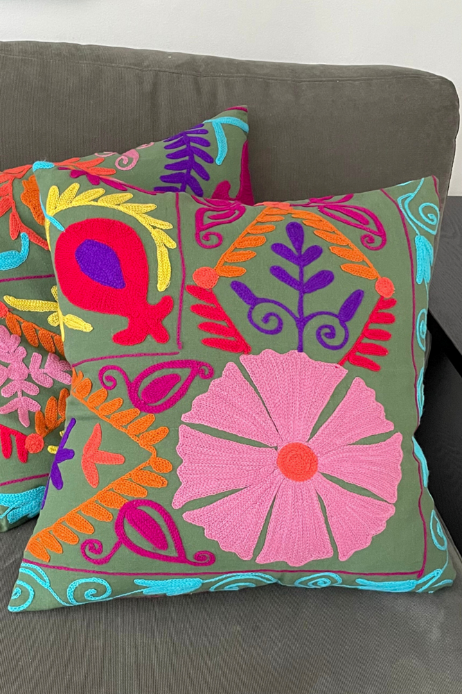 Teal Embroidered Floral Square Cushion (50 x 50 cm) By Origen Imports
