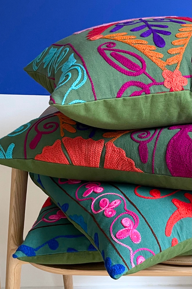 Teal Embroidered Floral Square Cushion (50 x 50 cm) By Origen Imports