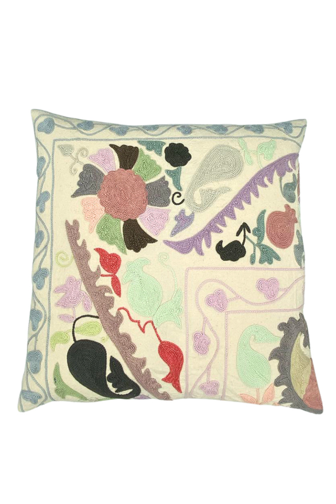 Cream Embroidered Floral Square Cushion (50 x 50 cm) By Origen Imports