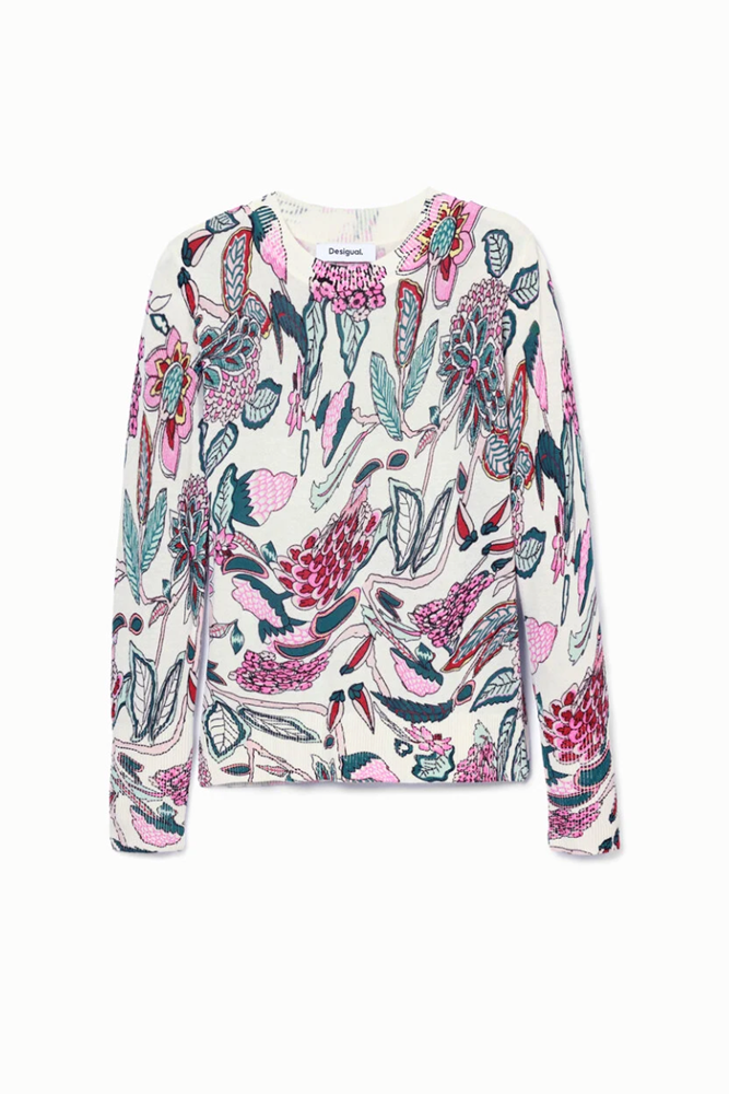 White Sweater With Floral Details By Desigual