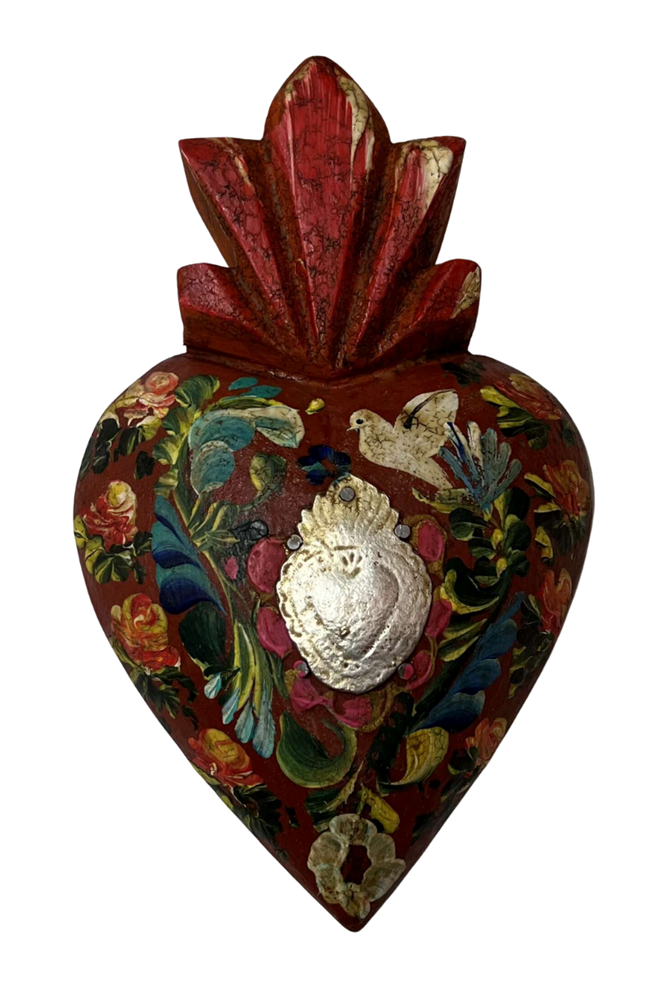 Hand Painted Wooden Heart With Milagros