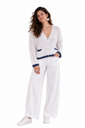 Verona White Cotton Cardigan w/ Contrast Trimming - Navy