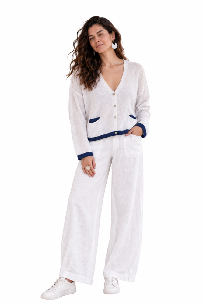 Verona White Cotton Cardigan w/ Contrast Trimming - Navy