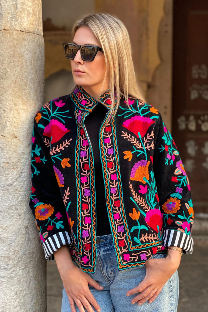 Shop Anika Embroidered Black Cotton Velvet Jacket by Origen - Origen Imports
