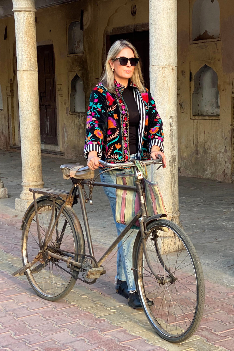 Shop Anika Embroidered Black Cotton Velvet Jacket by Origen - Origen Imports