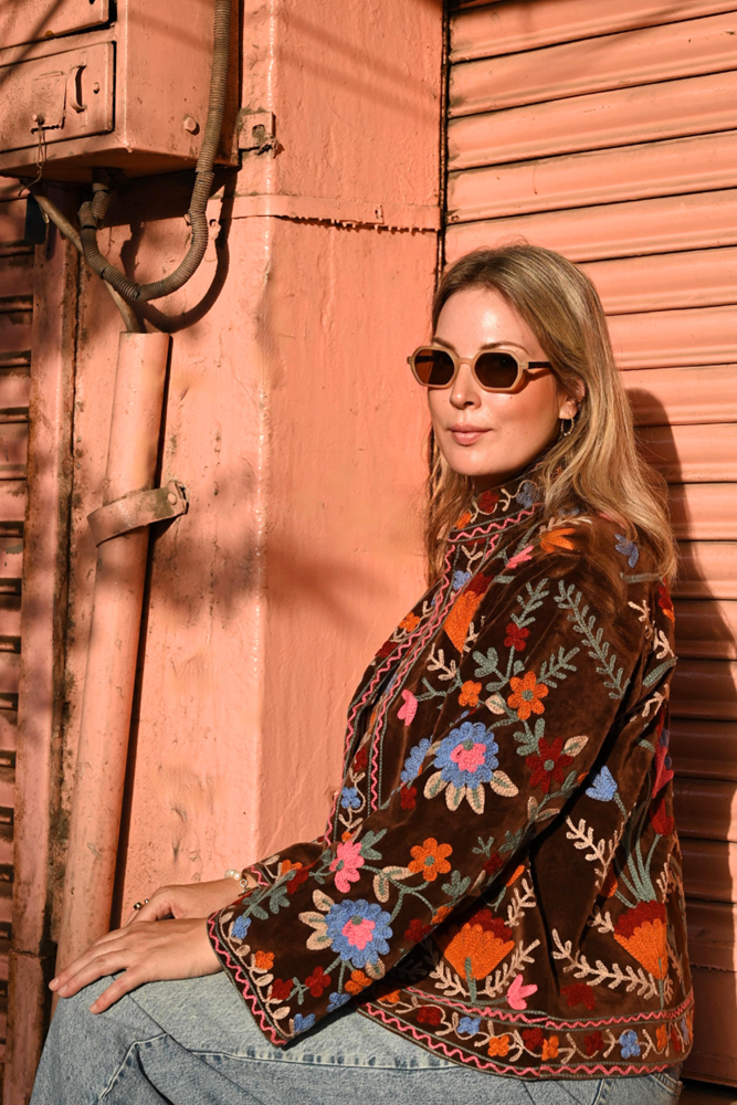 Shop Anika Embroidered Brown Cotton Velvet Jacket by Origen - Origen Imports