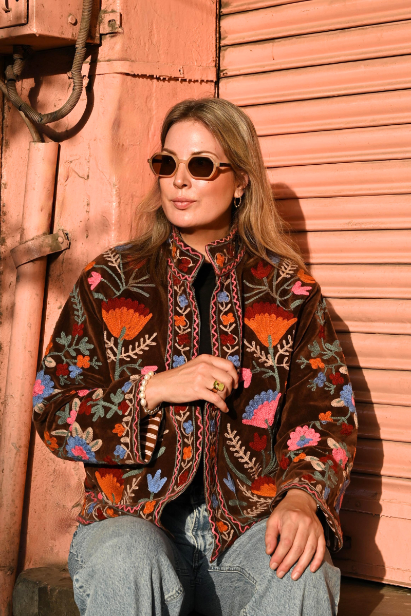Shop Anika Embroidered Brown Cotton Velvet Jacket by Origen - Origen Imports