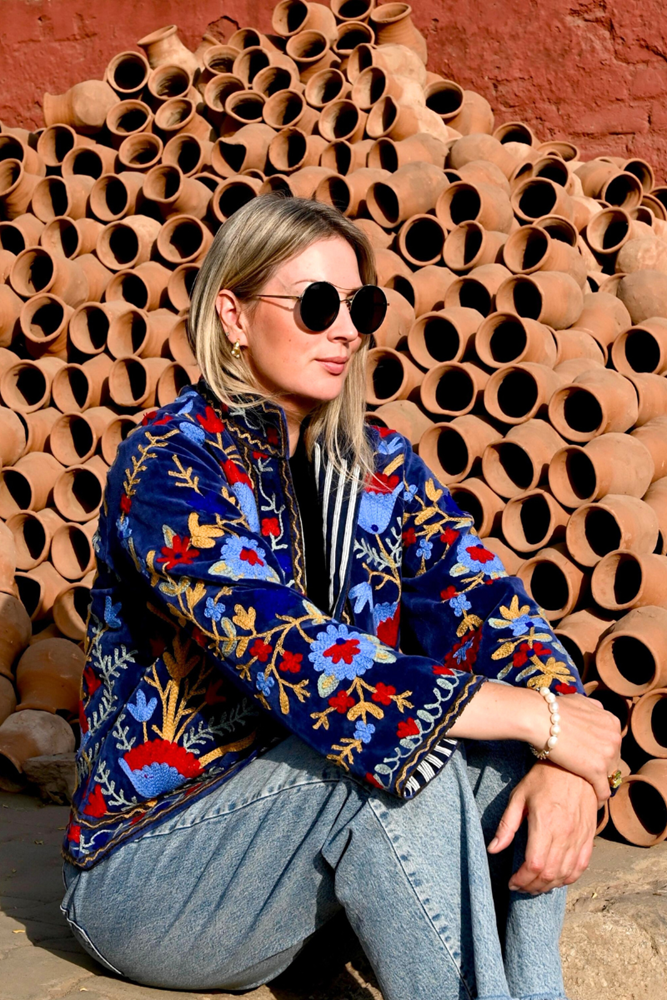 Shop Anika Embroidered Denim Blue Cotton Velvet Jacket by Origen - Origen Imports