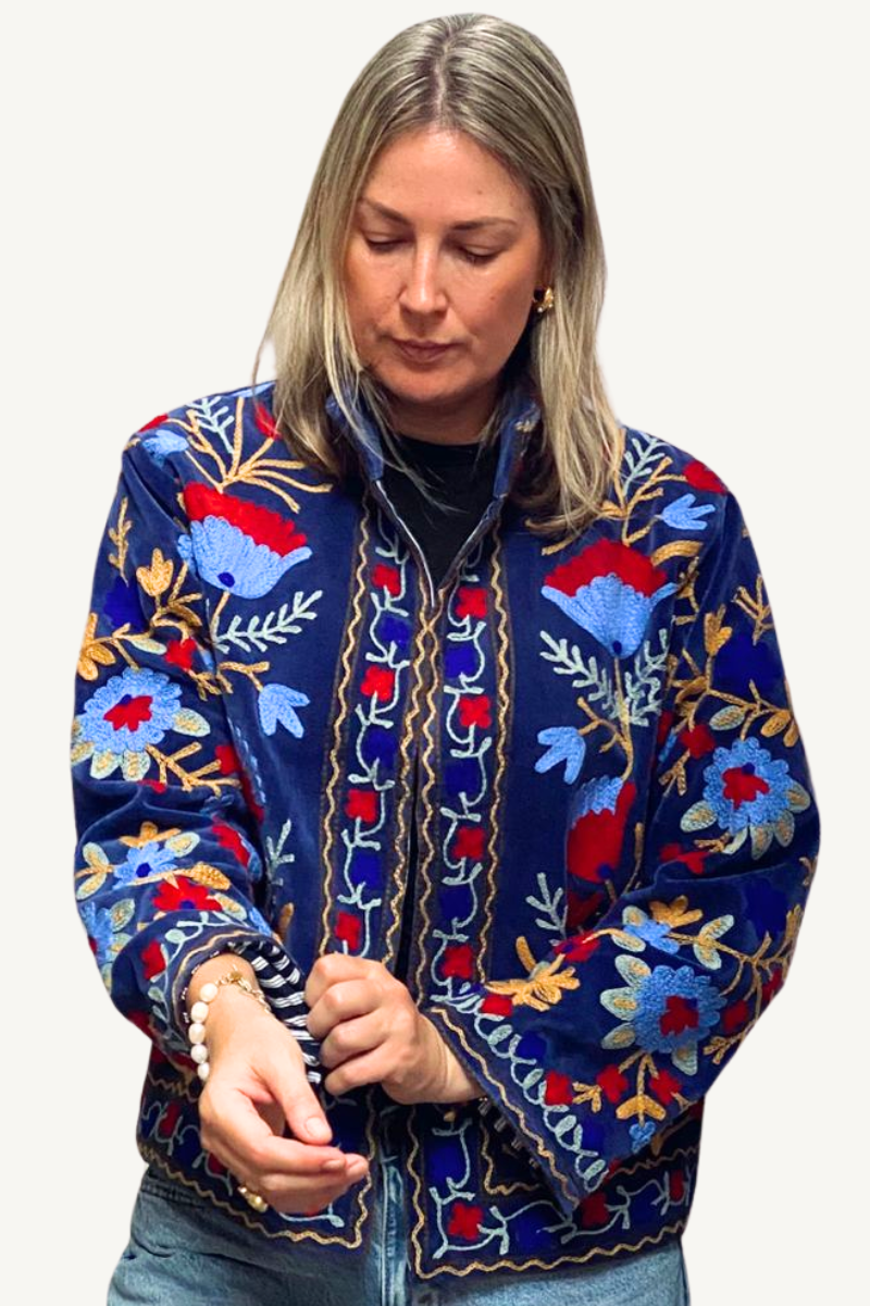 Shop Anika Embroidered Denim Blue Cotton Velvet Jacket by Origen - Origen Imports