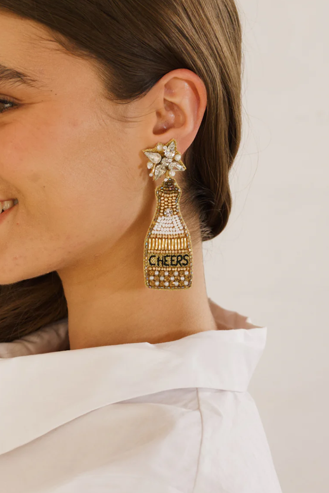 Shop Beaded Gold Cheers Champagne Bottle Earring - Origen Imports