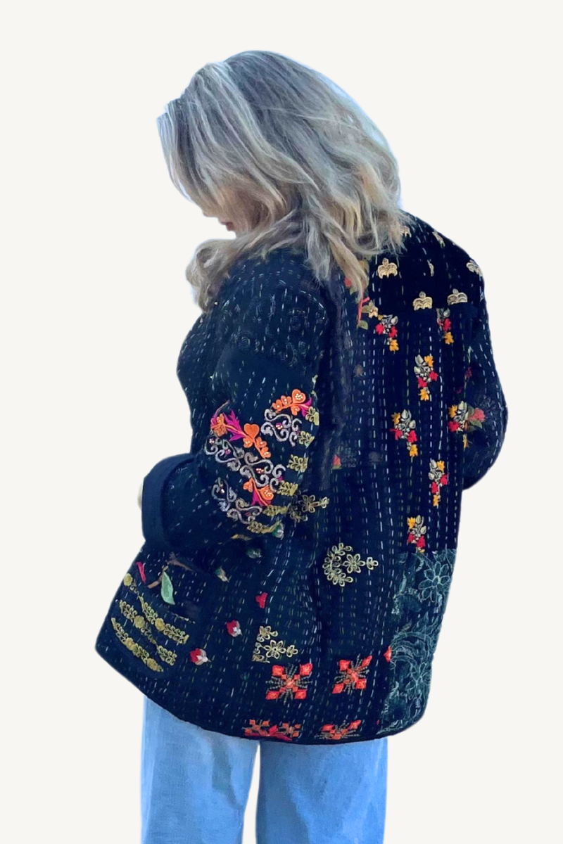Shop Black Cotton and Silk Embroidered Kantha Jacket By Origen - Origen Imports