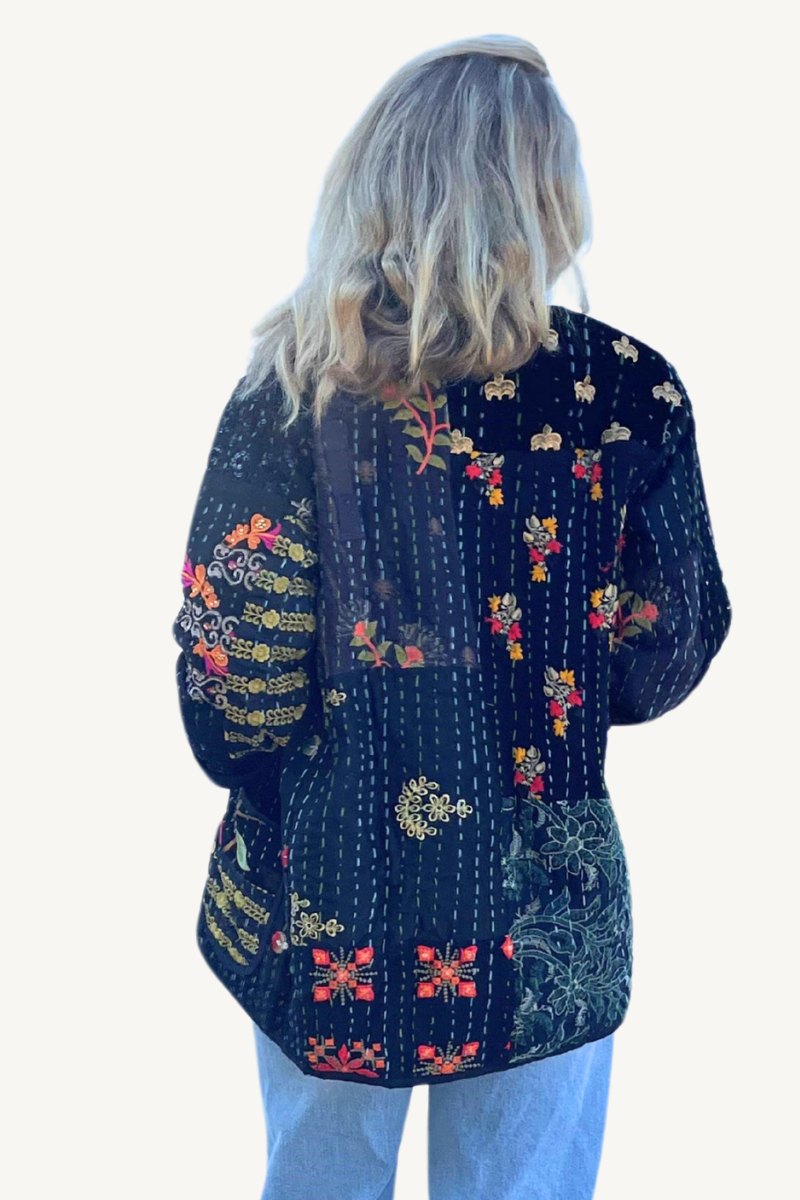 Shop Black Cotton and Silk Embroidered Kantha Jacket By Origen - Origen Imports