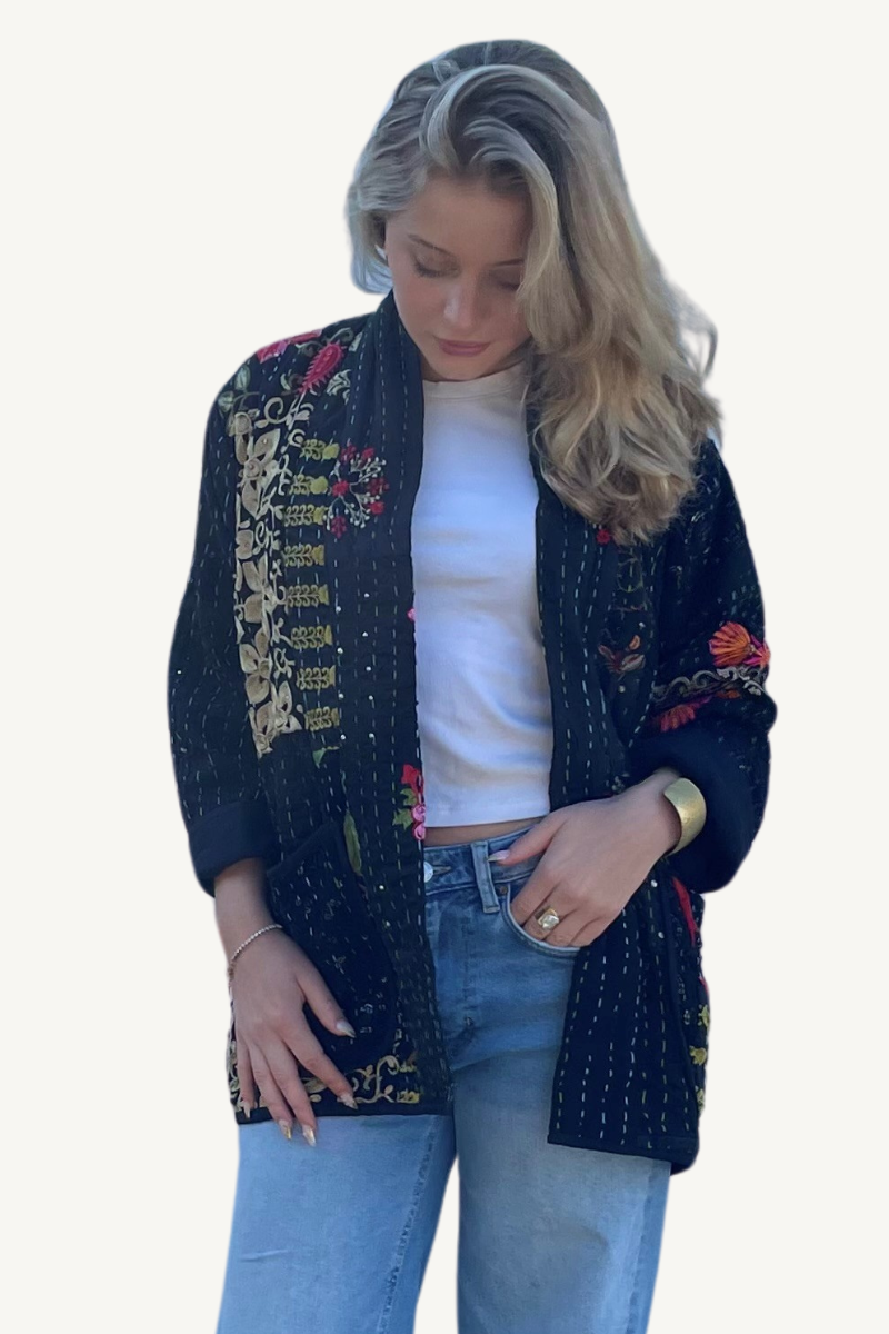 Shop Black Cotton and Silk Embroidered Kantha Jacket By Origen - Origen Imports