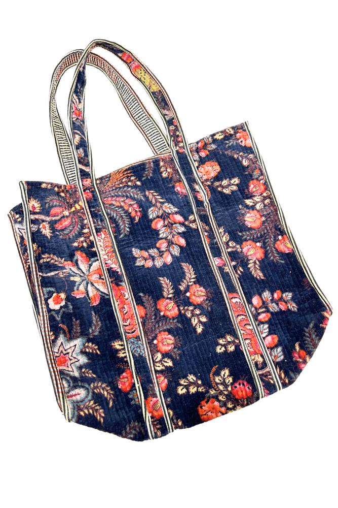 Shop Blue Floral Reversible Cotton Velvet Tote Bag By Origen - Origen Imports