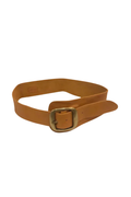 Brown leather belt with a gold buckle on a white background