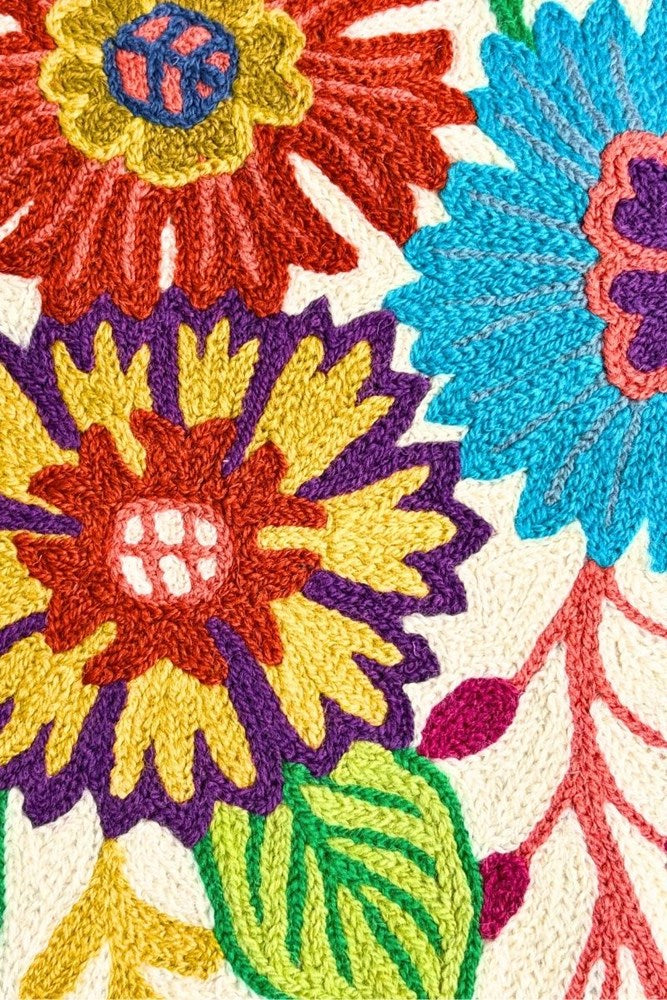 Botanical Cotton Embroidered Floral Cushion in Spring Tones