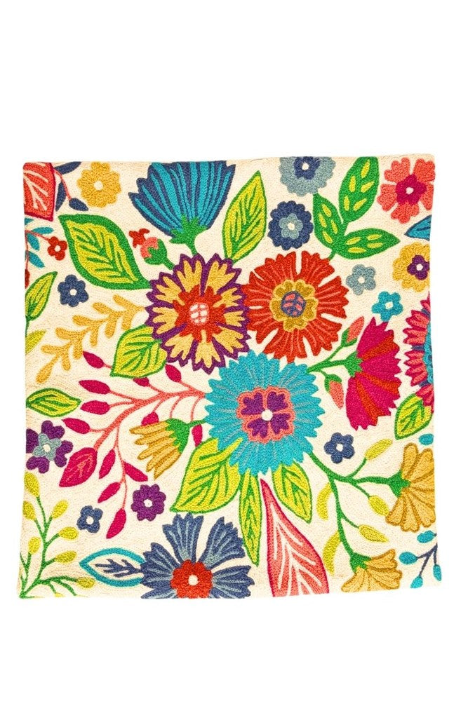 Botanical Cotton Embroidered Floral Cushion in Spring Tones