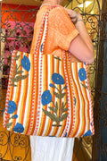 Cotton Reversible Tote Bag - Orange and Blue Poppy