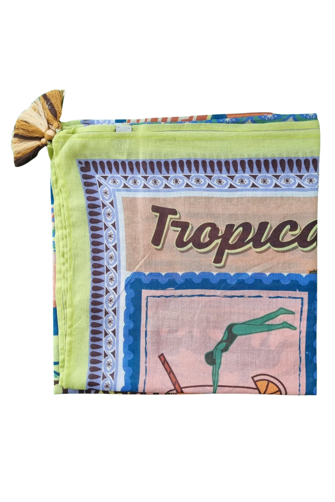 Shop 100% Cotton Printed Scarf in Lime Green & Pink: Square - Origen Imports