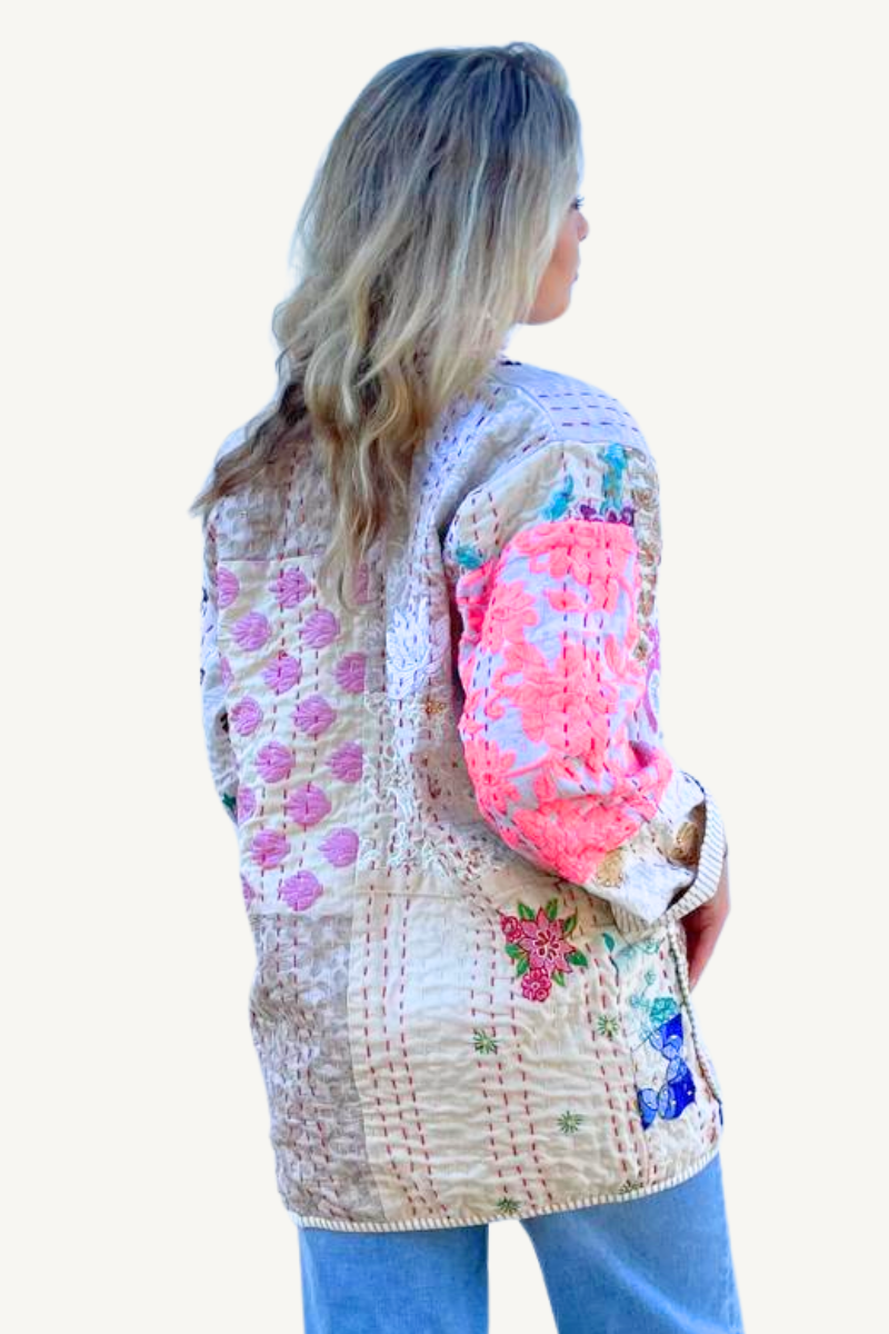 Shop White Cotton and Silk Embroidered Kantha Jacket By Origen - Origen Imports