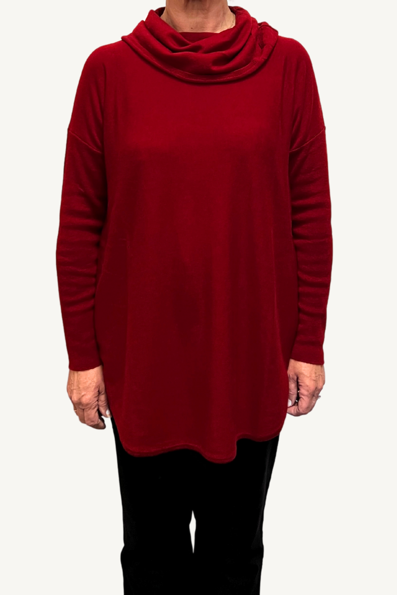 Shop Curved Red Hem Cowl Neck Pullover By Bridge & Lord - Origen Imports