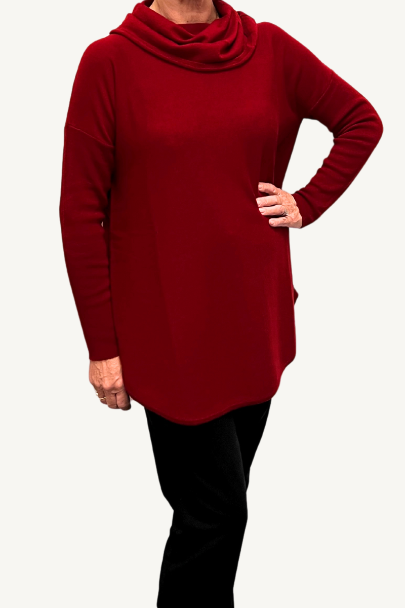Shop Curved Red Hem Cowl Neck Pullover By Bridge & Lord - Origen Imports