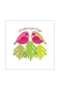 Two colorful birds with green feet and 'Christmas greetings' text on a white background