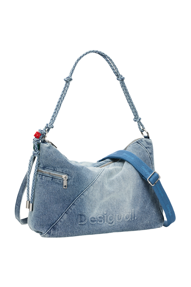 A distressed denim shoulder bag by Desigual, featuring a diagonal zippered pocket, braided strap details, and a blue adjustable shoulder strap, shown on a plain white background.