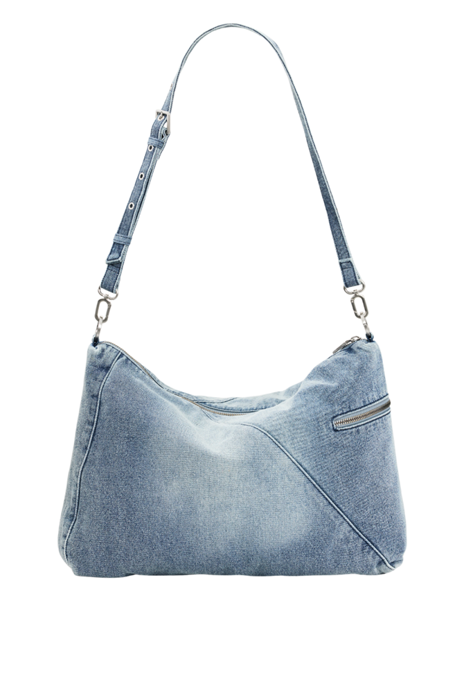 A light blue denim hobo shoulder bag with a matching adjustable shoulder strap and silver-tone hardware, shown against a plain white background.