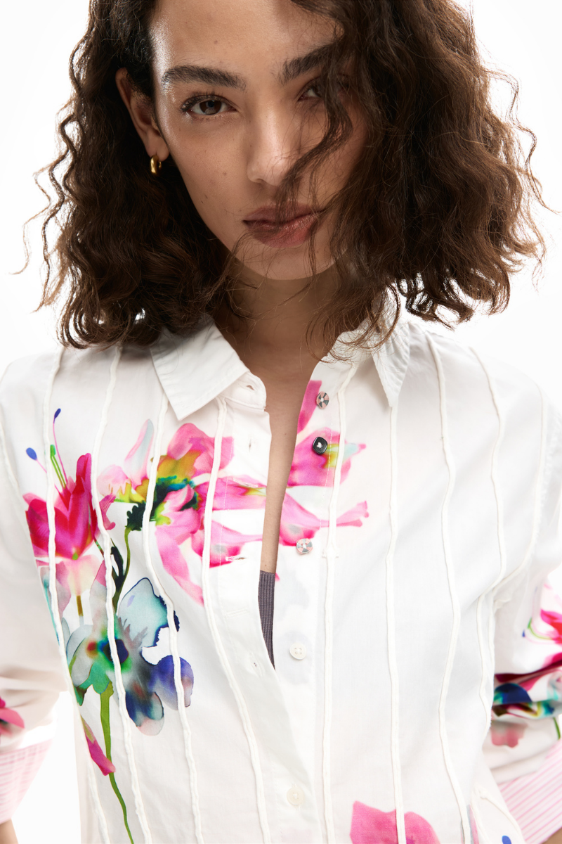 Desigual Watercolour Floral Pintuck Shirt