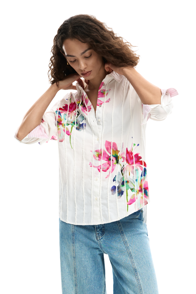 Desigual Watercolour Floral Pintuck Shirt