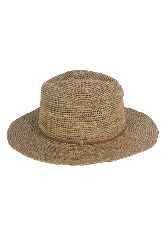 Elya Raffia Hat in Tea & Leather Braiding by Made in Mada