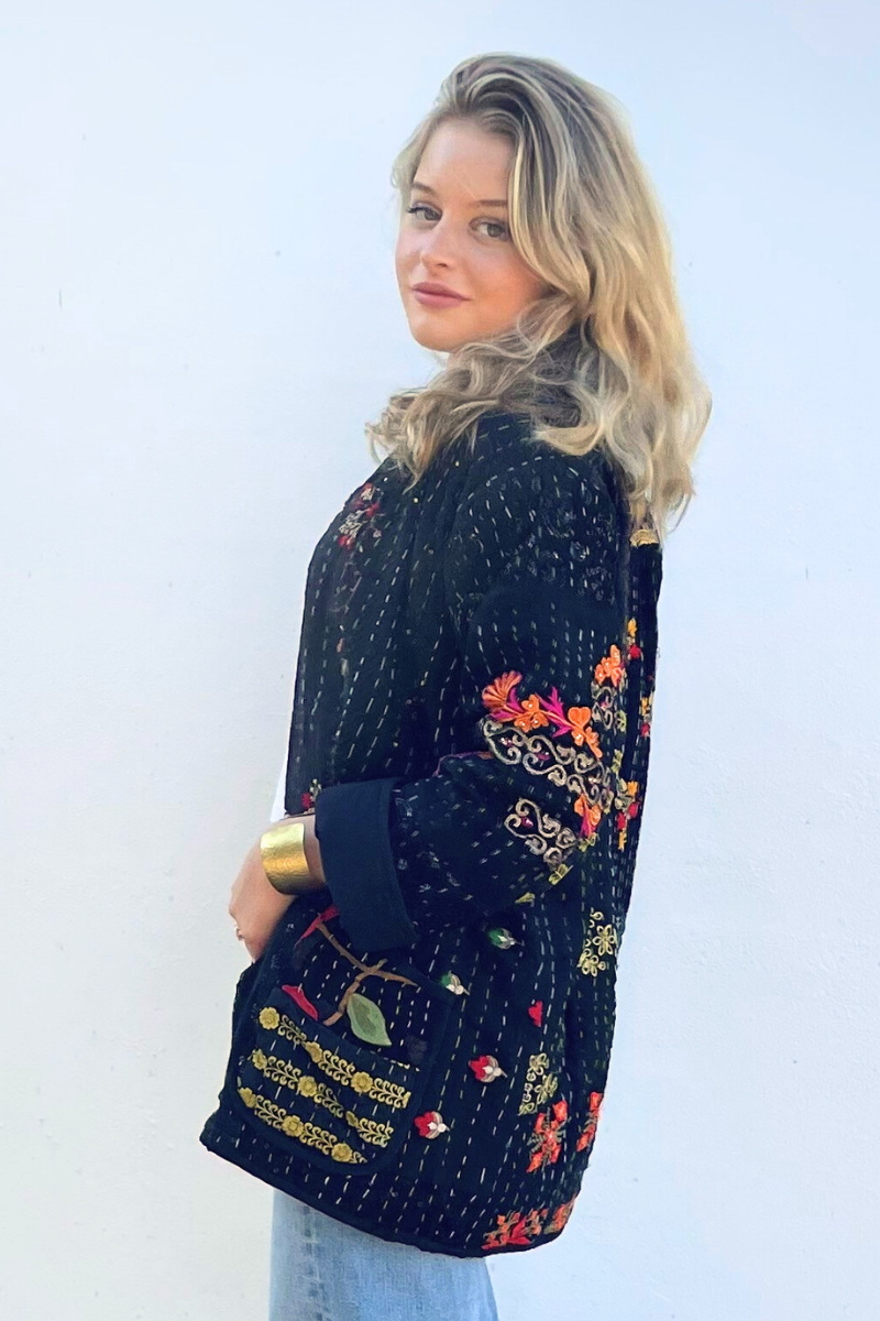 Shop Black Cotton and Silk Embroidered Kantha Jacket By Origen - Origen Imports