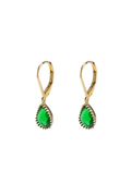 Gold earrings with green gemstones on a white background