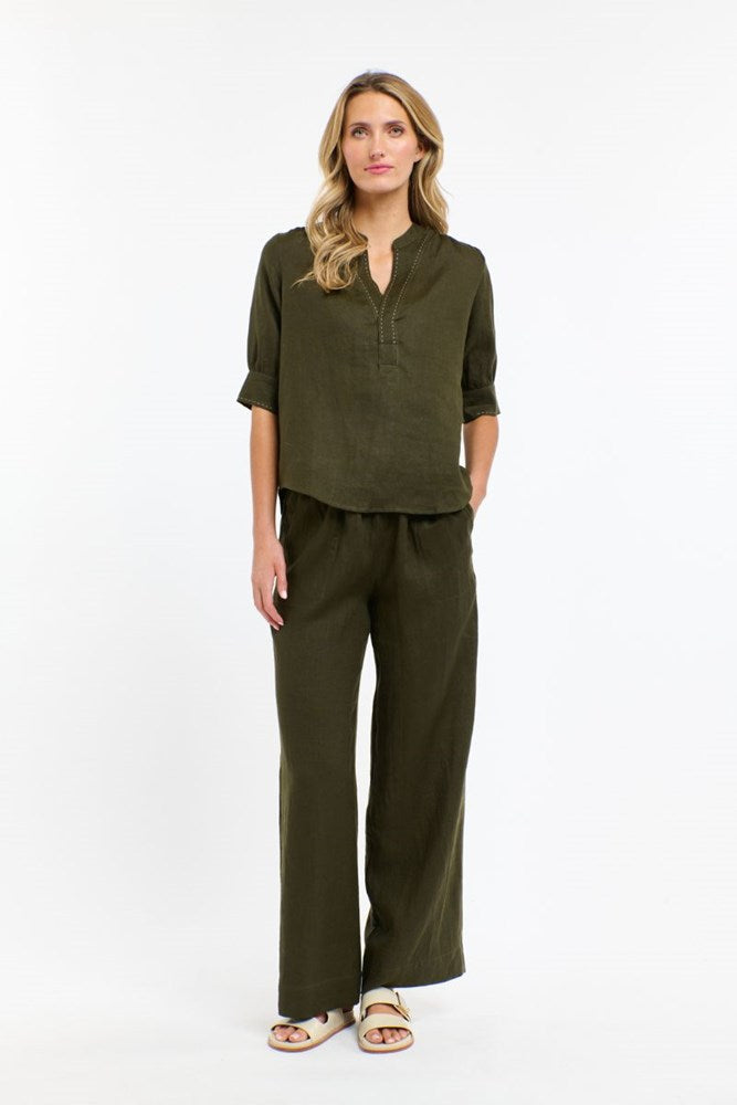 Shop Bradley Linen Stitch Top by 365 Days -Khaki - Origen Imports