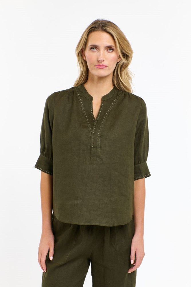 Shop Bradley Linen Stitch Top by 365 Days -Khaki - Origen Imports