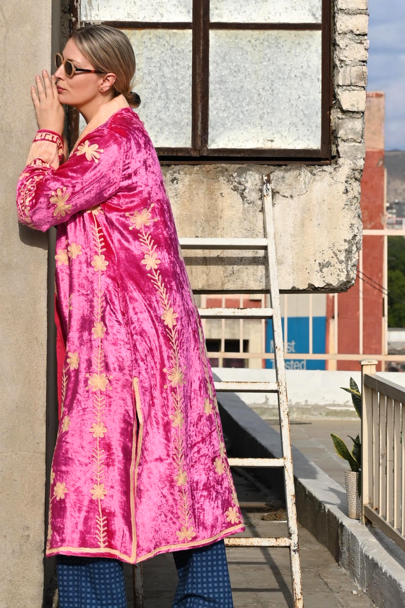 Shop Lavanya  Embroidered Silk Velvet Long Coat in Pink & Cream By Origen - Origen Imports