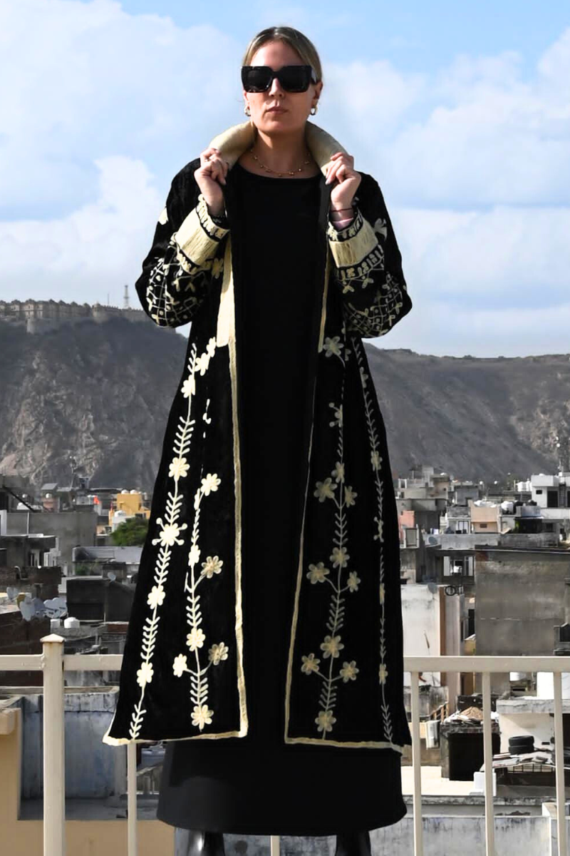 Shop Lavanya  Embroidered Silk Velvet Long Coat in Black & Cream By Origen - Origen Imports