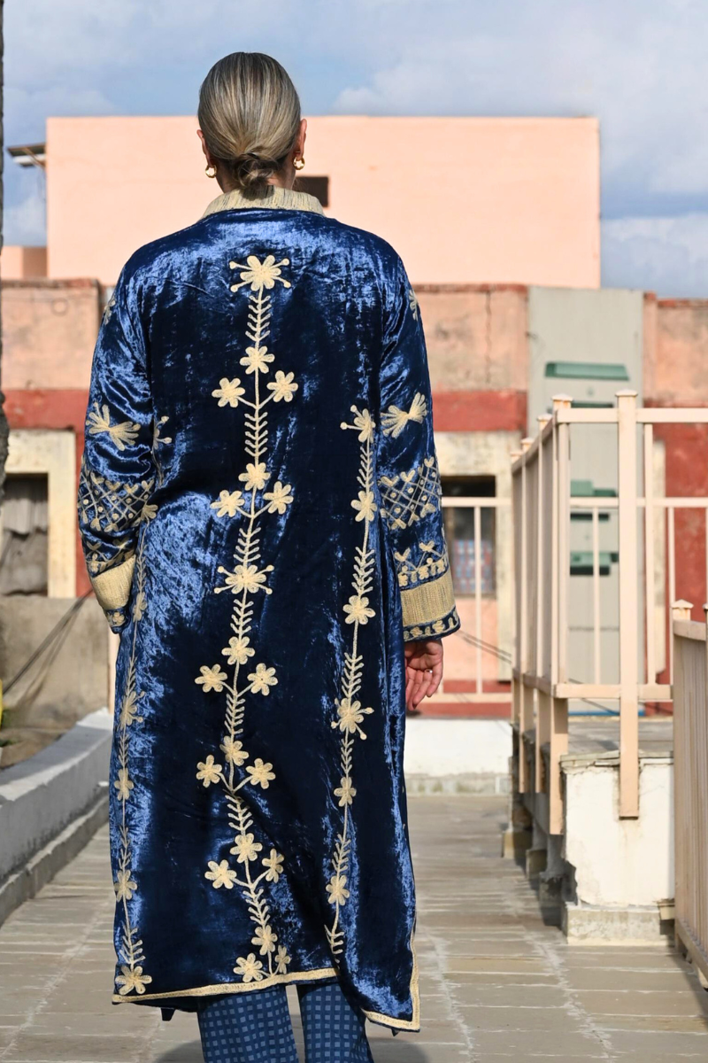 Shop Lavanya Embroidered Silk Velvet Long Coat in Blue & Cream By Origen - Origen Imports