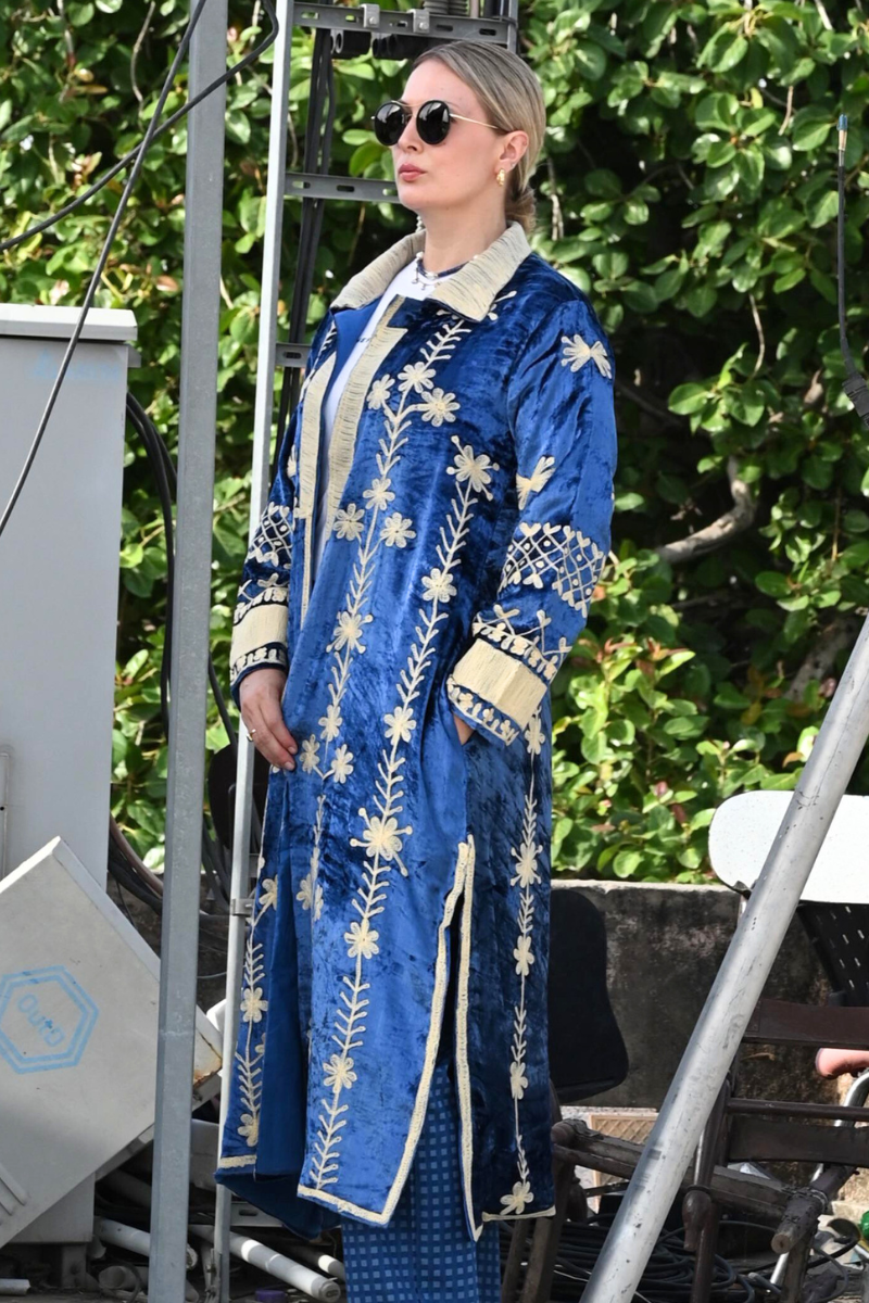 Shop Lavanya Embroidered Silk Velvet Long Coat in Blue & Cream By Origen - Origen Imports