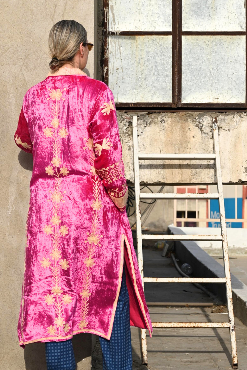 Shop Lavanya  Embroidered Silk Velvet Long Coat in Pink & Cream By Origen - Origen Imports