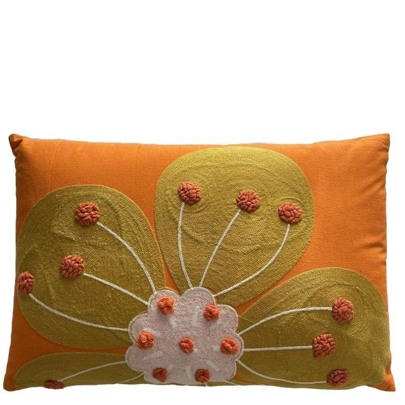 Shop Lumbar Hand Embroidered Cushion Oversized Flower- Orange - Origen Imports