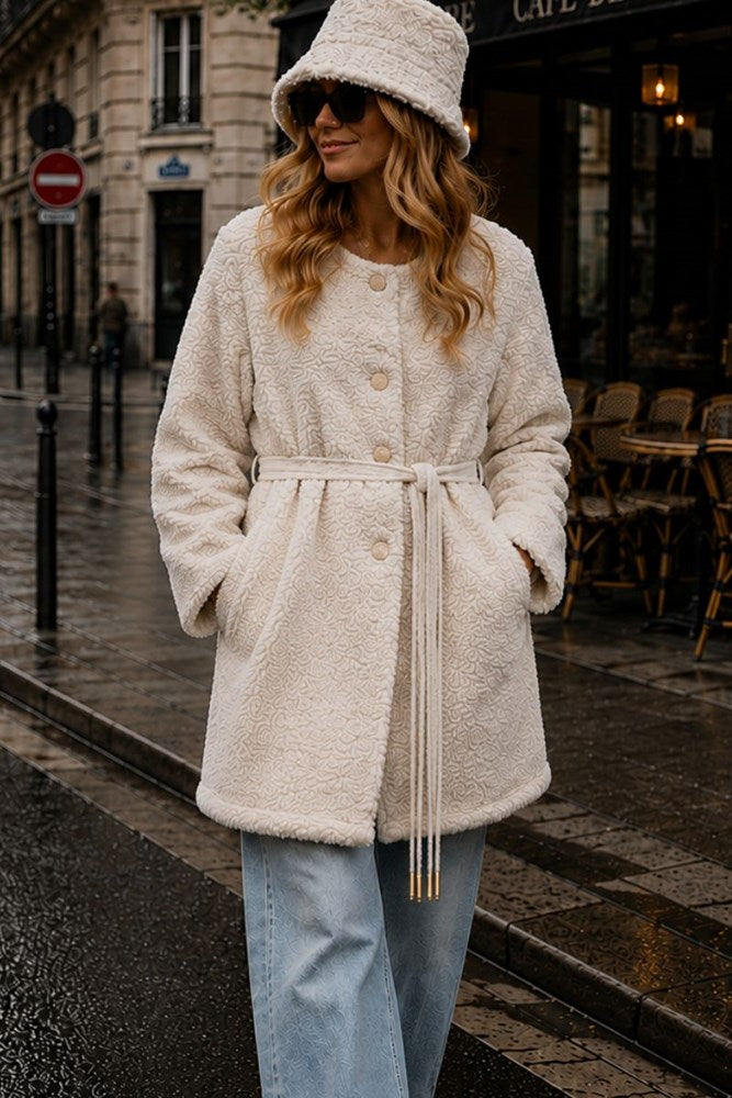 Luxe Collarless Faux Shearling Midi Coat